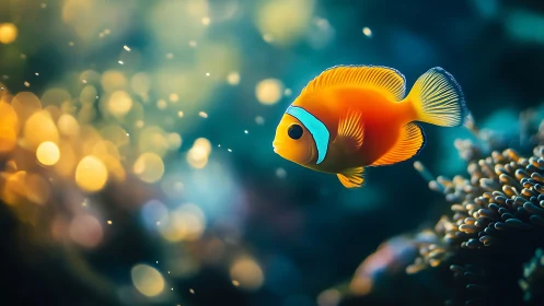 Bright orange reef fish with bokeh underwater background.