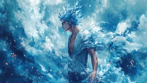 Male anime figure stands amid turbulent blue abstract field