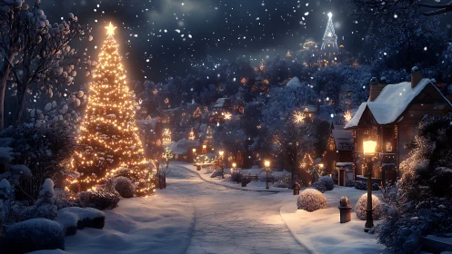 Snow covered village street displays illuminated seasonal tree