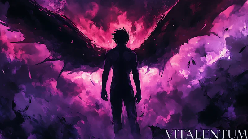 Silhouetted winged figure in vivid purple flaming clouds.
