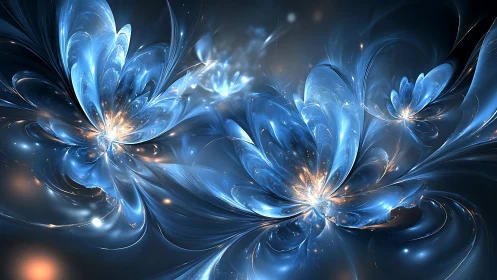 Fractal energy blossoms rendered as luminous blue crystalline petals