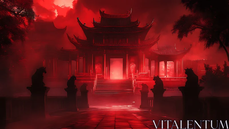 Mystical red temple gateway glowing through swirling mist.