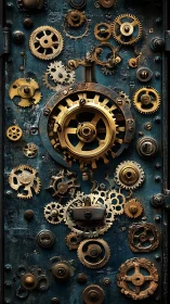 Steampunk metal panel displays interconnected brass clockwork gears