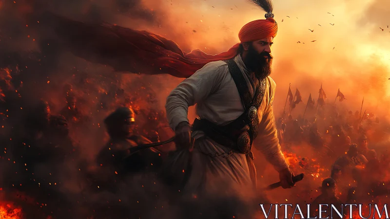 Warrior in ember-lit charge through swirling battlefire.