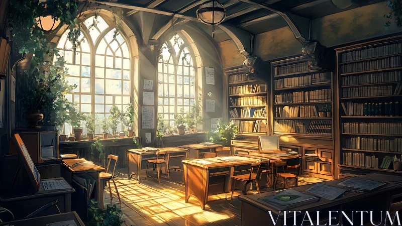 Sunlit neo-gothic library studio with arched windows and vines
