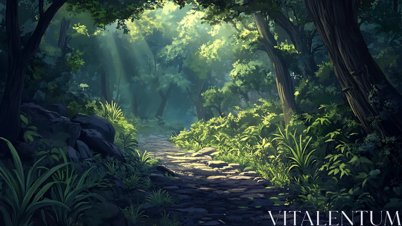 Sunlit Forest Path Through Towering Trees.
