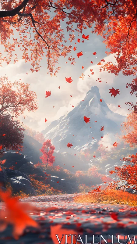 Crimson autumn valley frames towering snow peak vista.