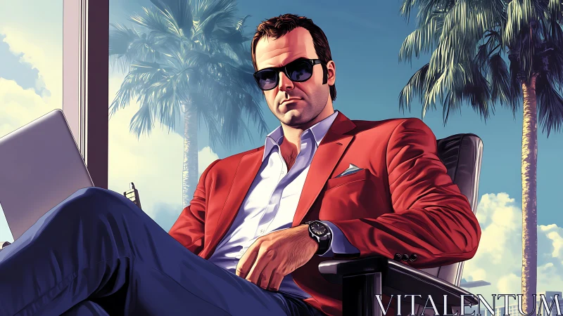 Sunglassed power broker lounging under sunlit palm dreams.