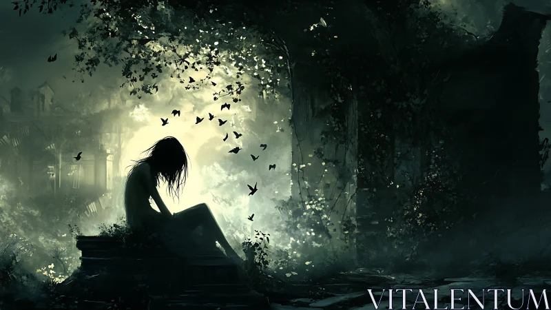 Soft dawn light cradles a quiet figure in a wild ruin