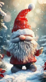 Snowy Christmas gnome kneels in soft glowing winter light