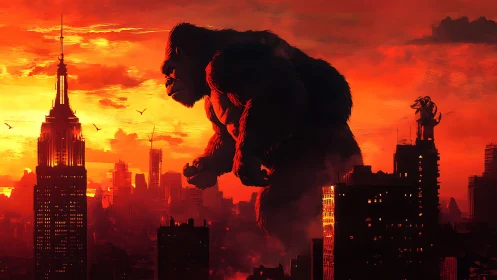 Giant gorilla towers over red city skyline at sunset.