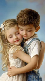 Two children share an affectionate embrace against blue sky.