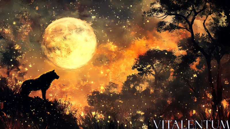 Moonlit wolf beneath a glowing sky of drifting stars.