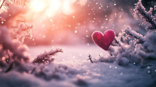Red heart surrounded by frost-covered evergreen vegetation in winter setting