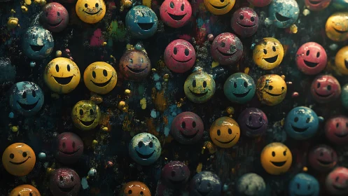 Multicolored smiley spheres form a textured, gridded surface