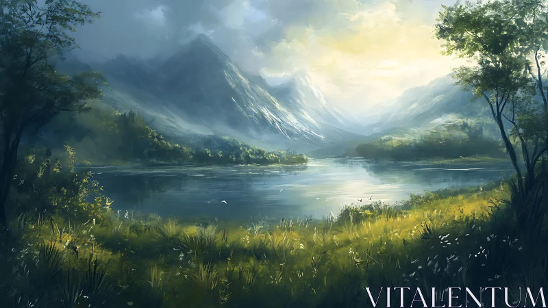 Sunlit alpine valley lake with distant snowcapped ridges