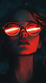 Neon-lit portrait shows reflective red visor glasses glow.