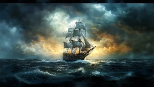 Digital painting of storm-tossed galleon in chiaroscuro seascape.