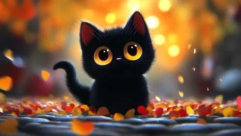 Black cat with golden eyes in ambient light setting