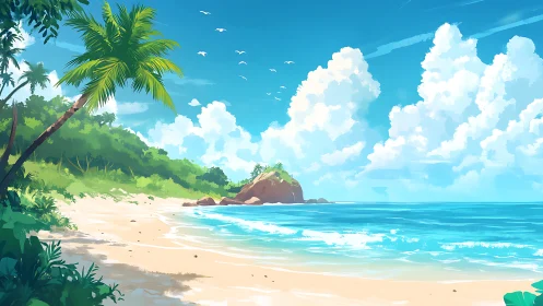 Tropical Paradise Beach. Palm-fringed shoreline meets turquoise waters.