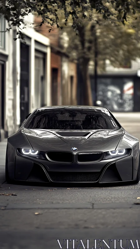 Low grey BMW sports car parked on quiet city street.