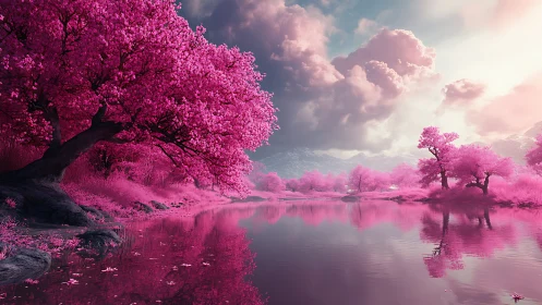 Pink blossom river valley under dramatic stormlit sky.