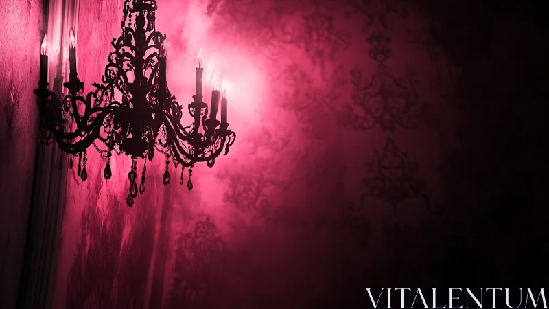 Wall-mounted chandelier illuminates pink fogged wallpaper