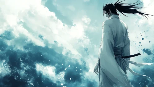 Anime warrior in white kimono against turbulent sky panorama.