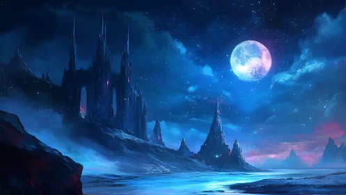 Fantasy moonlit alien citadel over icy coastal landscape.