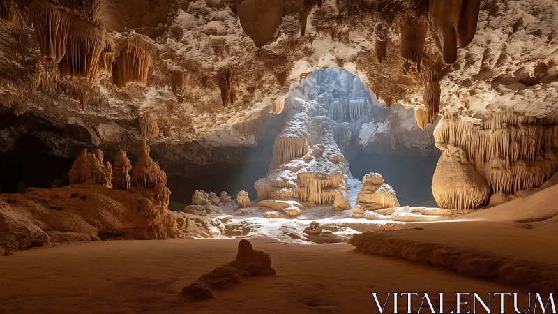 Sunlit limestone cavern reveals sculpted stalactite formations