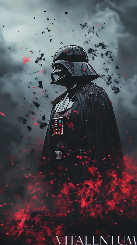 Dark armored warlord strides through shattering crimson storm.