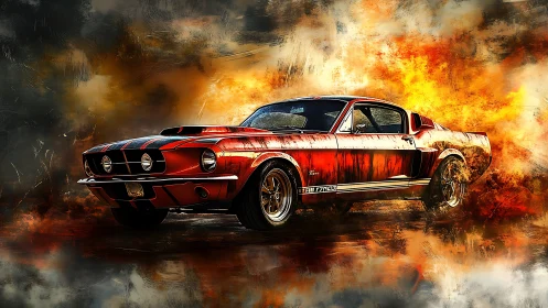 Muscle car digital painting amid blazing abstract flames.