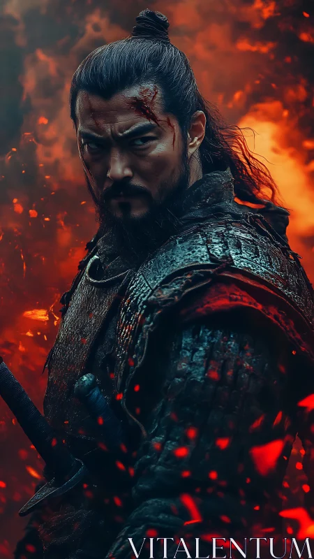 Armored warrior in ember-saturated battlefield inferno portrait.