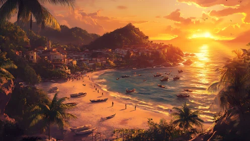 Sunlit tropical bay village glows under vivid sunset sky
