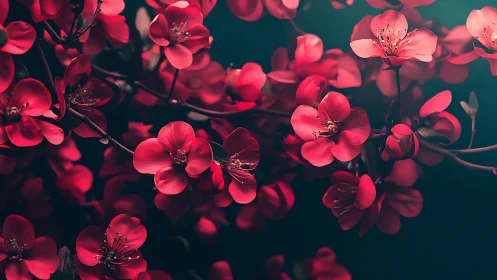 Red Flowers Against Teal Background in Soft Light