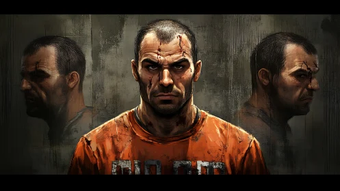 Injured prisoner stares forward in triptych portrait