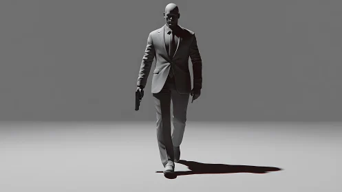 Shadowwalking hitman in a razor-sharp monochrome suit stride.