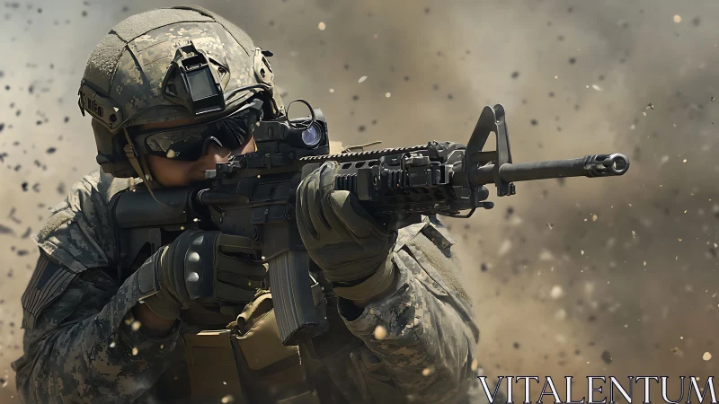 Combat-ready soldier aims carbine under high-velocity debris field