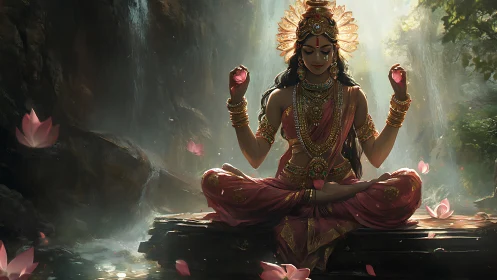 Seated figure in ornate attire meditates amid waterfall light