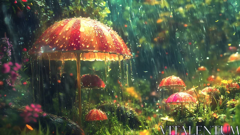 Macro fantasy rainfall over bioluminescent mushroom canopies.