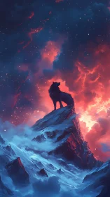 Lone wolf stands proud on a glowing mountain under cosmic sky