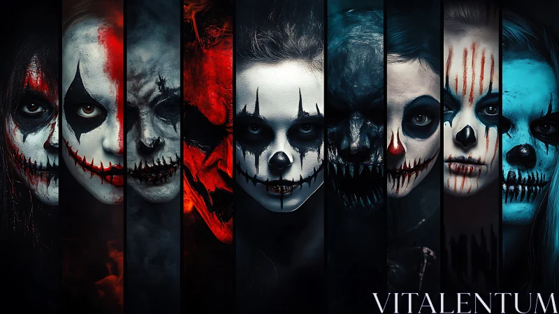 Strip-composited horror portraits show stylized clown skull makeup