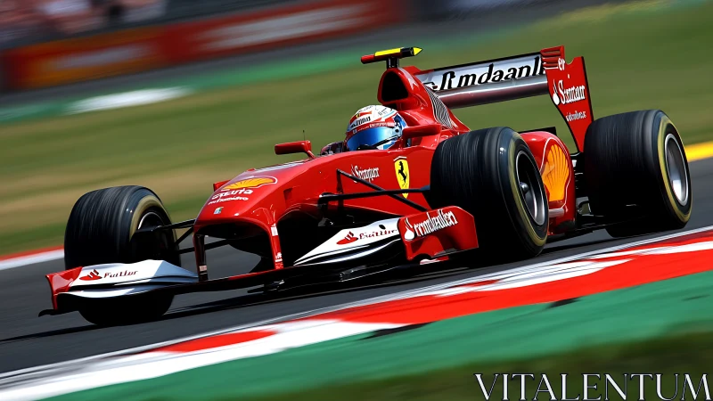 High-speed red Formula racing car cornering on asphalt circuit