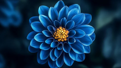Blue Dahlia Bloom with Golden Center Against Dark Background