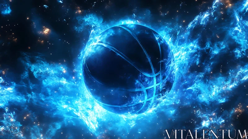 Glowing cosmic basketball rendered in high-energy digital nebula