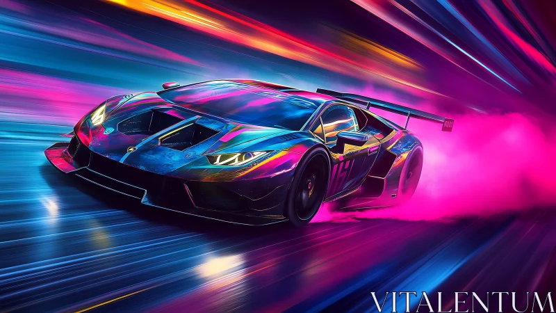 Neon night racer slicing through color-soaked city streets.