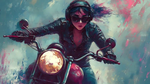Dynamic digital painting of biker girl in kinetic motion blur.