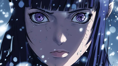 Storm-lit anime girl meets the falling snow with fierce resolve