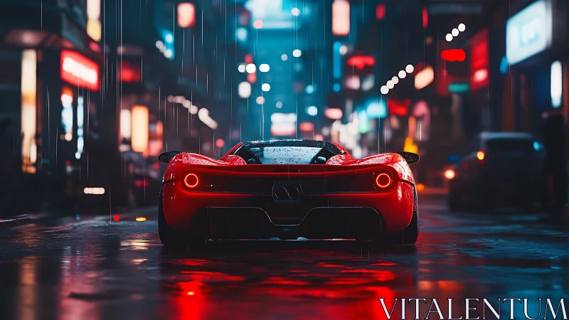 Sleek red supercar idles in neon city rain at night.