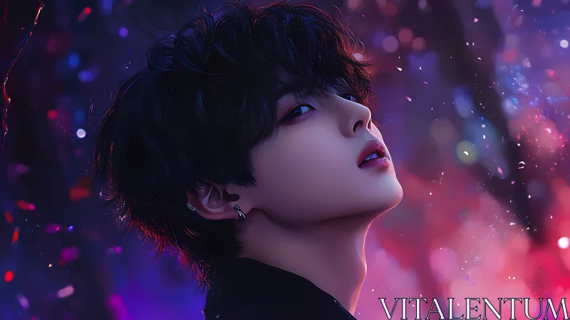 Dreamy night portrait bathed in glowing neon colors.